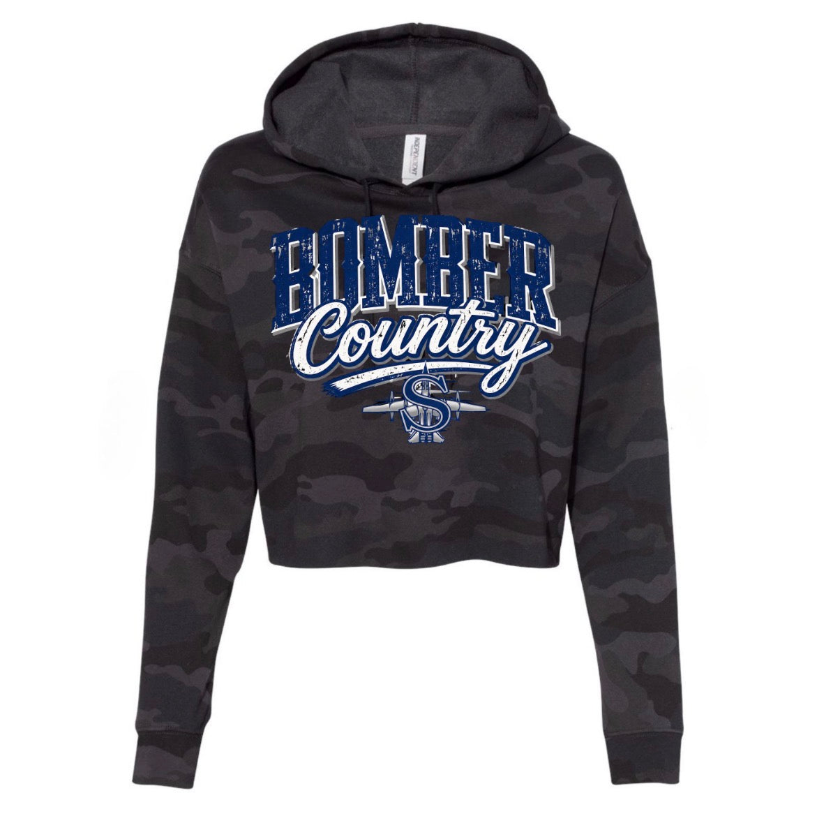 Bomber country cropped black camo hoodie - design 2 - adult only - 0010
